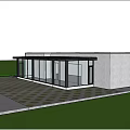 Villa Balcony With Large Glass Walls Overlooking Trees Lawn And Pink Flowers On Tiled Floor