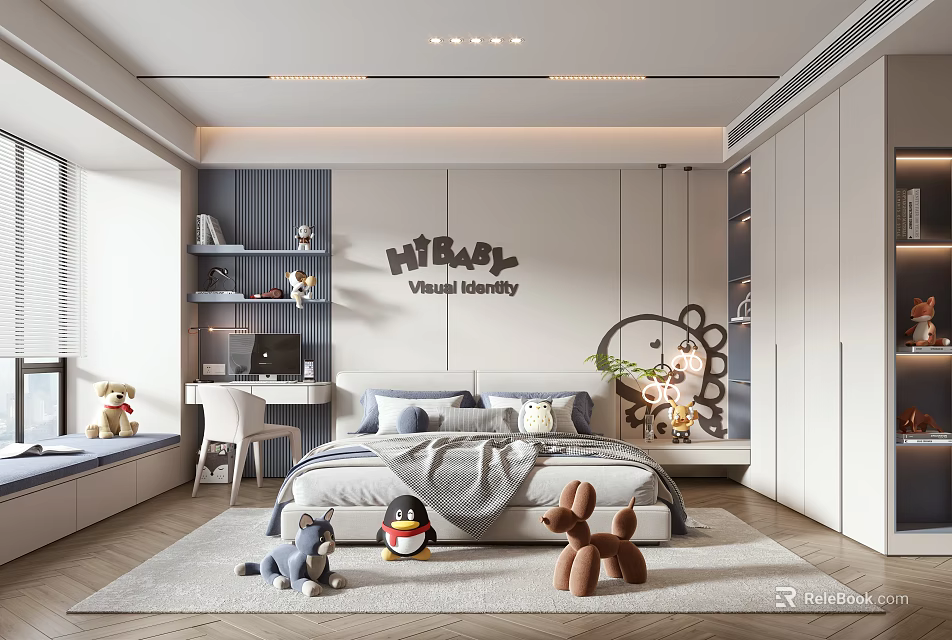 Kids Room Interior With Hi Baby Visual Memory Wall Decor Plush Toys Desk And Bookshelf 3d model 