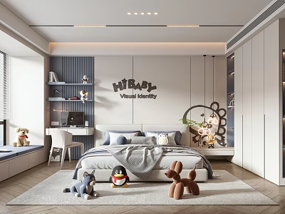 Kids Room Interior With Hi Baby Visual Memory Wall Decor Plush Toys Desk And Bookshelf 3d model