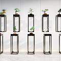 Modern Metal Plant Stands Displaying Bonsai Plants Against White Wall