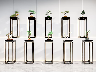 Modern Metal Plant Stands Displaying Bonsai Plants Against White Wall 3d model