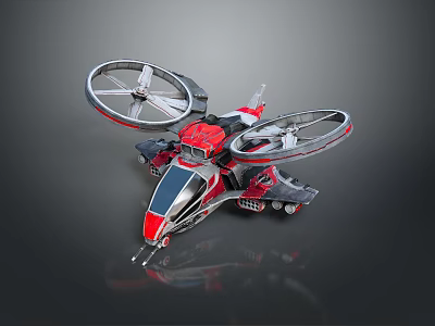 Science Fiction Flying Vehicle Model Featuring Two Large Rotors Red Silver Black Streamlined Design 3d model