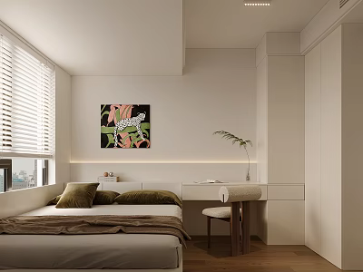 Modern Tatami Bedroom Interior With Window Blinds Wall Art Desk And Potted Plant 3d model