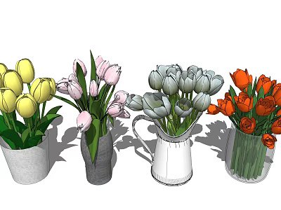 Colorful Tulips Display In Assorted Ceramic Glass Metal And Pitcher Vases 3d model
