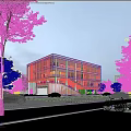 Modern Multi Story Glass Facade Office Building on Urban Street with Pedestrians Trees and Cars