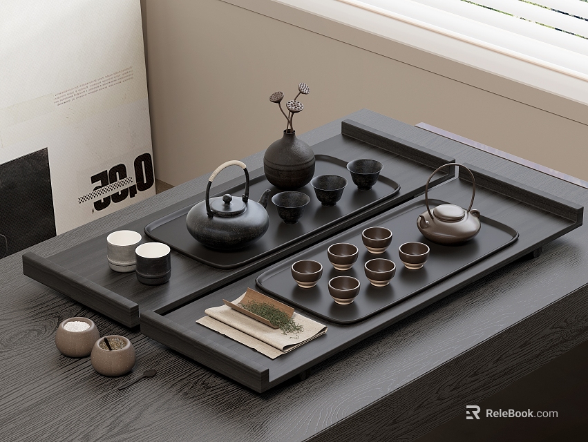 Modern Minimalist Tea Set with Teapot Tea Cups and Caddy on Black Tray 3d model 