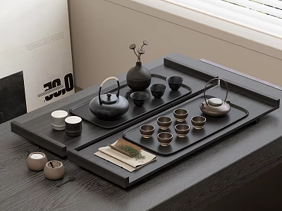 Modern Minimalist Tea Set with Teapot Tea Cups and Caddy on Black Tray 3d model