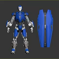 Futuristic Game Movie Character In Blue Mechanical Armor With Shield Accessory