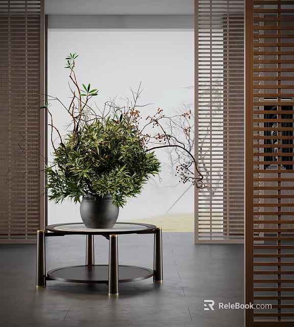 Decorative Indoor Bonsai Potted Plant with Green Foliage in Black Pot on Metal Table 3d model 