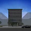Modern Sales Office Building With Glass Curtain Wall Grand Entrance And Trees Under Blue Sky