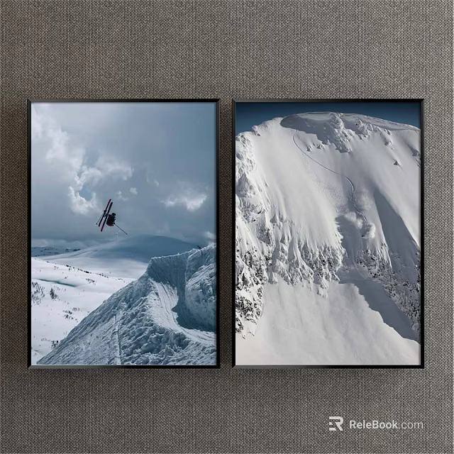 Two Panel Snowy Mountain Landscape Paintings Featuring Skier Cloudy Sky And Snow Covered Slopes 3d model 