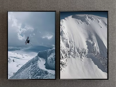 Two Panel Snowy Mountain Landscape Paintings Featuring Skier Cloudy Sky And Snow Covered Slopes 3d model