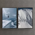 Two Panel Snowy Mountain Landscape Paintings Featuring Skier Cloudy Sky And Snow Covered Slopes