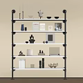 Industrial Style Four Tiered Shelving Unit with Wooden Shelves Metal Frame and Decorative Items