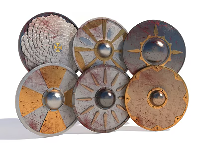 Medieval Shields Historical Weapons with Various Metal Designs Sunburst Star Patterns and Worn Details 3d model
