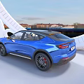 Modern Blue Ford SUV Parked With White Curved Structures And Cityscape Under Blue Sky