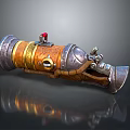 Vintage Steampunk Weapon With Metal And Wood Design Features Red Button And Decorative Details