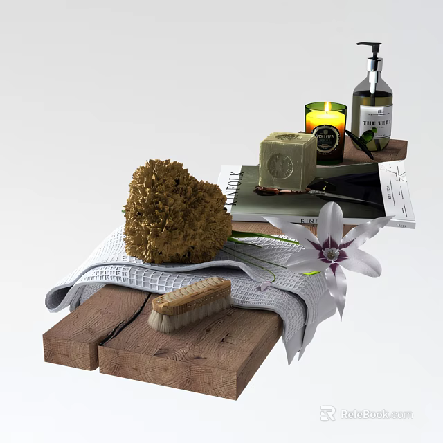 Decorative Ornament Set With Sponge Soap Candle Towel Brush Flower And Wooden Board 3d model 