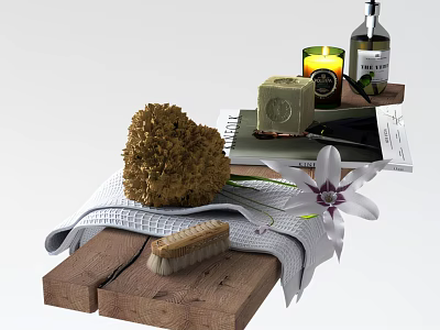 Decorative Ornament Set With Sponge Soap Candle Towel Brush Flower And Wooden Board 3d model