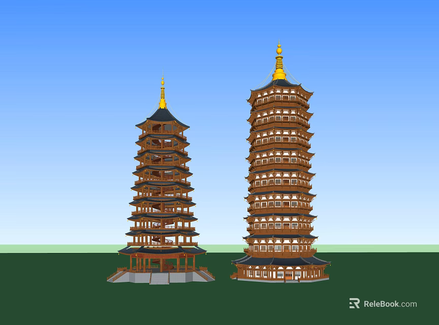 Traditional Chinese Pagodas Featuring Golden Spires And Multi tiered Wooden Design 3d model 