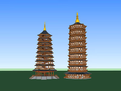 Traditional Chinese Pagodas Featuring Golden Spires And Multi tiered Wooden Design 3d model