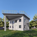 Modern Industrial Factory Building With External Stairs Yellow Railings Green Lawn And Trees