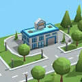 Vibrant Commercial Street with Ferris Wheel Lush Trees Lake Tennis Courts and Diverse Buildings