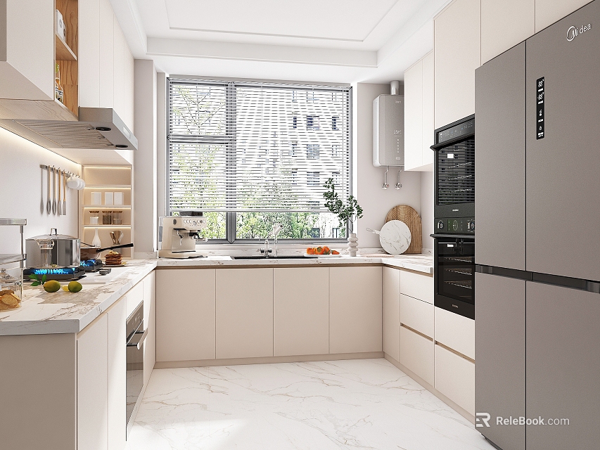 Modern Kitchen Interior With White Cabinets Marble Countertops Large Window Silver Refrigerator And Black Oven 3d model 