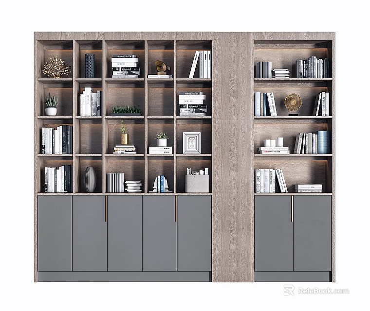 Modern Bookcase Design With Multiple Shelves Books Decorative Plants And Cabinets 3d model 