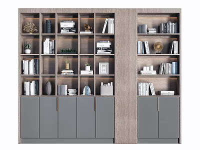 Modern Bookcase Design With Multiple Shelves Books Decorative Plants And Cabinets 3d model