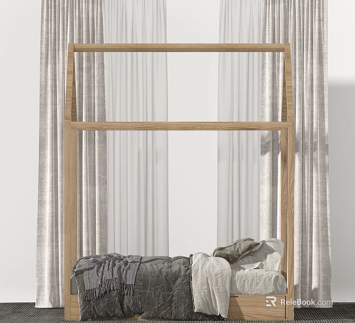 Kids Bed with Wooden Frame White Curtains and Cozy Bedding Design 3d model 