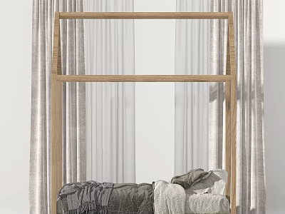 Kids Bed with Wooden Frame White Curtains and Cozy Bedding Design 3d model
