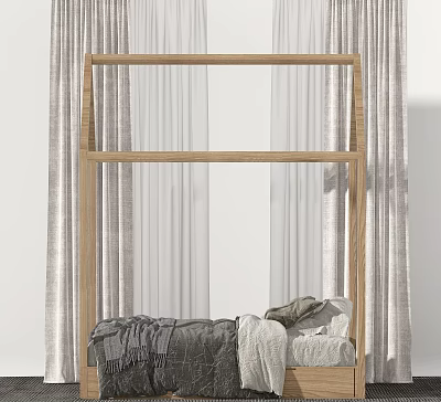 Kids Bed with Wooden Frame White Curtains and Cozy Bedding Design 3d model
