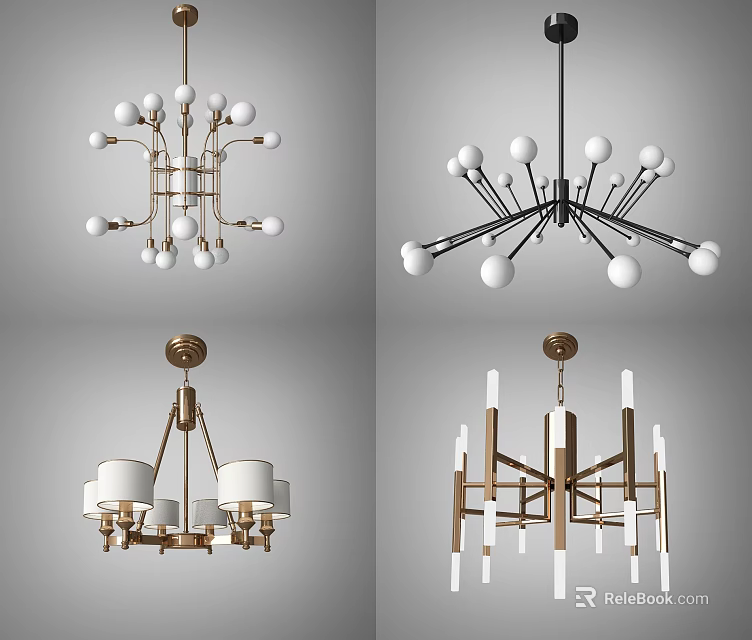 Modern Chandeliers With Spherical White Bulbs And Metal Frames In Various Designs 3d model 