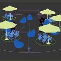 Mixue Green Outdoor Store With Pink Bean Bags White Umbrellas Tables And Wooden Deck