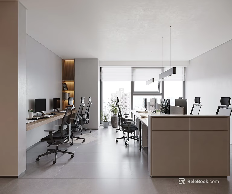 Modern Public Office Space Interior Design With Desks Office Chairs Computers Hanging Lights And Windows 3d model 