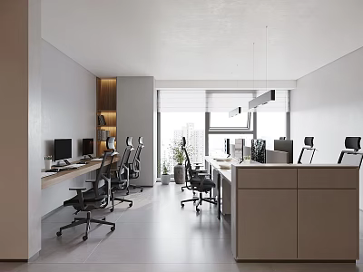 Modern Public Office Space Interior Design With Desks Office Chairs Computers Hanging Lights And Windows 3d model