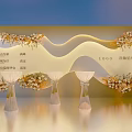 Modern Tea Break Area With Wavy Backdrop And Floral Decorations On High Tables