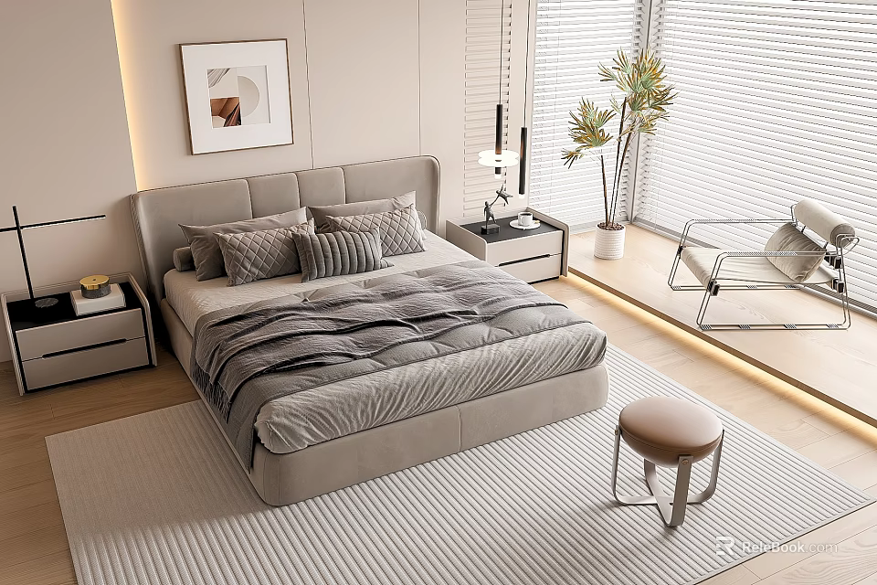 Modern Double Bed with Grey Headboard Striped Comforter Pillows and Nightstands in Bright Bedroom 3d model 