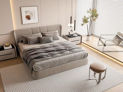 Modern Double Bed with Grey Headboard Striped Comforter Pillows and Nightstands in Bright Bedroom 3d model