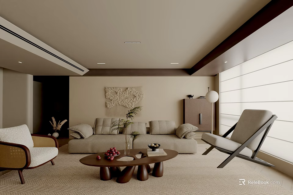 Modern Living Room Interior With Beige Sofa Armchair Wooden Coffee Table And Wall Decor 3d model 