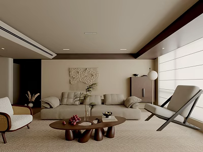 Modern Living Room Interior With Beige Sofa Armchair Wooden Coffee Table And Wall Decor 3d model