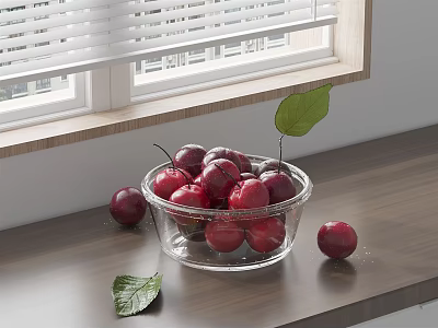 Transparent Glass Bowl of Red Plums on Wooden Countertop with Green Leaves and Window Blinds 3d model
