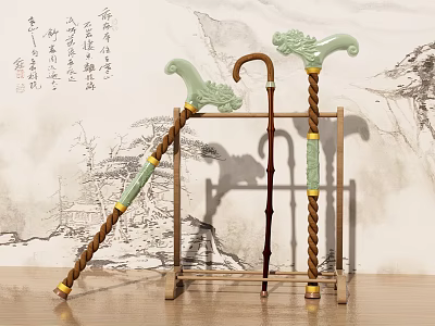Traditional Walking Sticks With Jade Dragon Handles And Classical Calligraphy Background 3d model