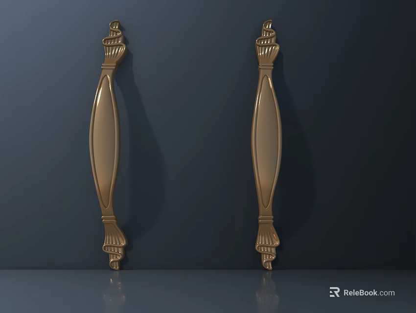 Two Golden Decorative Door Handles With Shiny Metallic Surface And Intricate Design 3d model 