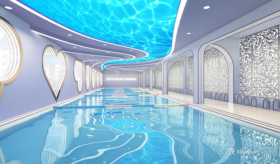Modern Indoor Swimming Pool With Blue Wave Ceiling And Arch Decorative Walls 3d model 