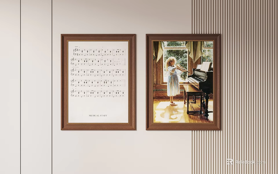 Abstract Framed Paintings With Sheet Music And Girl Playing Piano By Window 3d model 