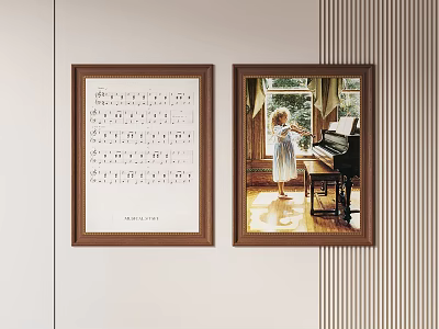 Abstract Framed Paintings With Sheet Music And Girl Playing Piano By Window 3d model