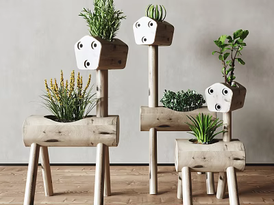 Decorative Wooden Garden Planters Featuring Animal Face Design Various Plants And Different Heights 3d model