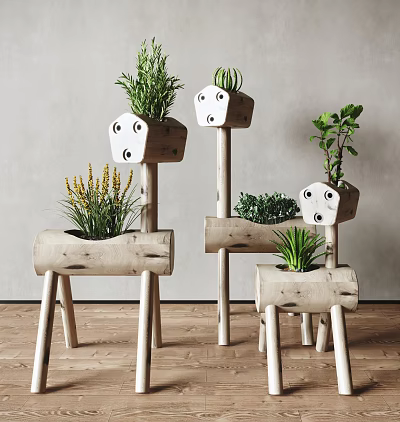 Decorative Wooden Garden Planters Featuring Animal Face Design Various Plants And Different Heights 3d model